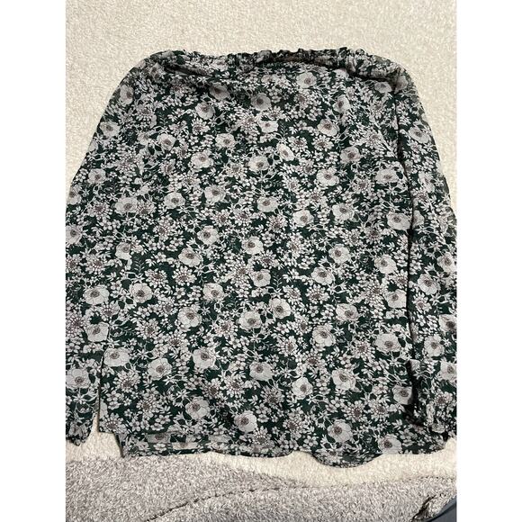 CAbi Women's Size Medium Split Neck Floral Peasant Long Sleeve Top Green Gray - Picture 2 of 9